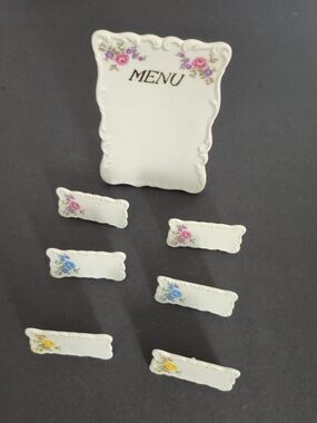Vintage Porcelain Floral Place Card Holders & Menu Stand Set